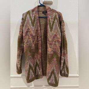 Lucky brand wool knit sweater Aztec western open front long cardigan size Large